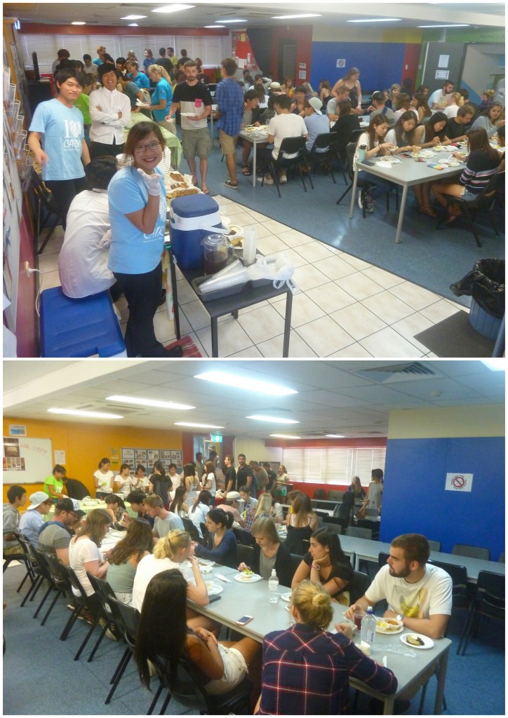 Top: Zora and Jeremy enjoying the event. Bottom: The lunchroom full of customers.